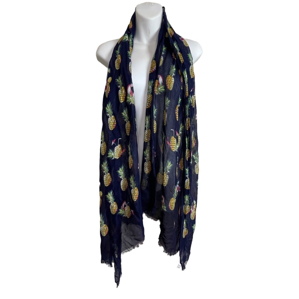 Vera Bradley Scarf Womens Navy Blue Pineapple Print Rayon Fringe Trim
